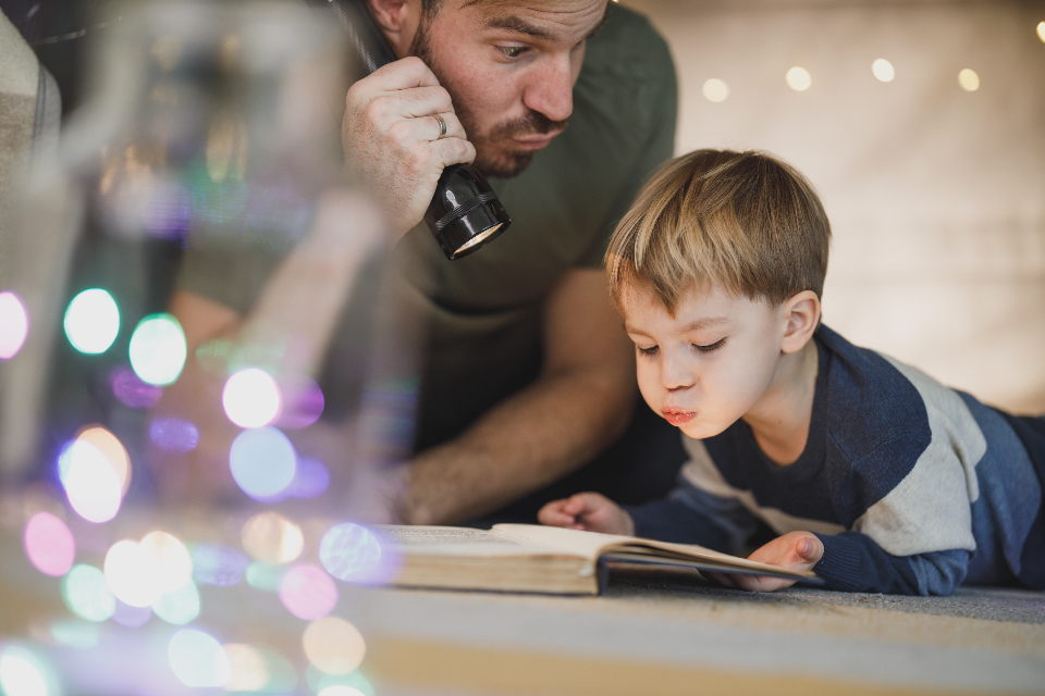 A father reading a bedtime story with his son — documenting parenting time