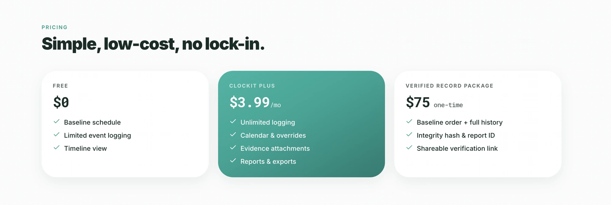 ClockIt pricing — Free $0, ClockIt Plus $3.99/mo, and the $75 one-time Verified Record Package